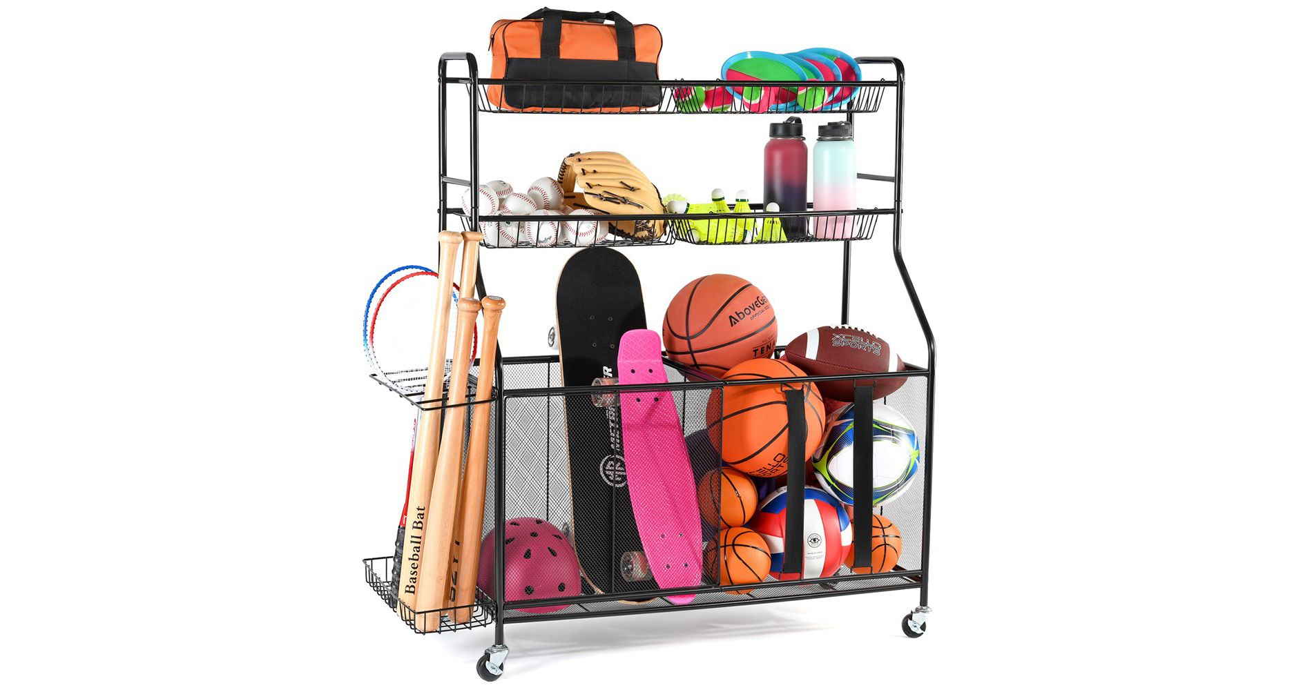 Ball Rack Organizer Holder For Garage - Indoor & Outdoor Large Garage Sports Equipment Organizer With Baskets, Rolling Wheels & Breaks - Homeitusa