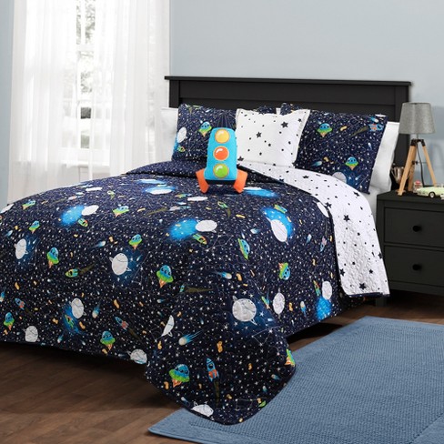 4pc Twin Universe Quilt Set With Spaceship Throw Pillow Navy
