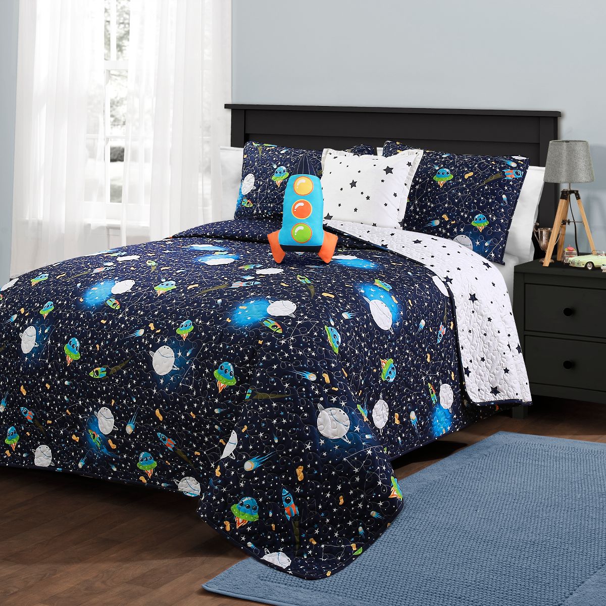Universe Quilt Set with Spaceship Throw Pillow Navy - Lush Décor
