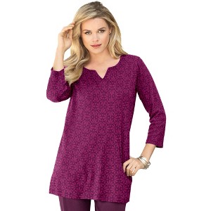 Roaman's Women's Plus Size Three Quarter Notch Neck Soft Knit Tunic - 1 of 4
