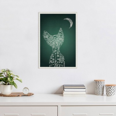 Abstract Cat and Moon Green Canvas Framed Wall Art