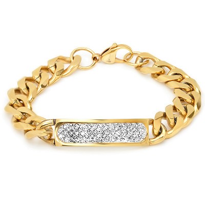 Steeltime Ladies 18k gold plated cuban bracelet with white resin and simulated diamonds, lobster clasp