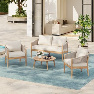 Christopher Knight Home Zill Modern 4 Piece Patio Acacia Wood Woven Rope Seating Set with Slatted Coffee Table - 1 of 4