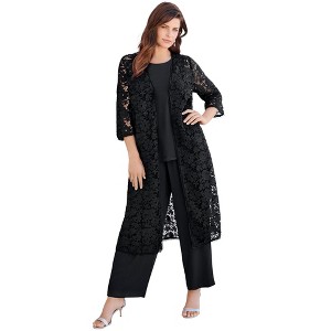 Roaman's Women's Plus Size Petite Plus Size Lace Duster & Pant Set - 1 of 4