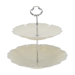 Unique Bargains 2 Tier Petals Design Cup Cake Holder Tower with Tiered Tray for Donut Fruits Beige Silver Tone - 1 of 4