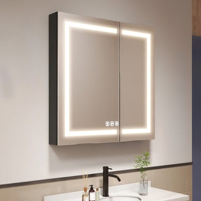 ONWITH Black Aluminum Recessed/Surface Mount Dimmable Medicine Cabinet with Mirror