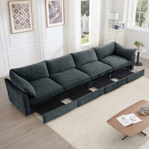 4-Seater Sofa with Pull-Out Storage Drawers, Sofa with Crescent Armrests and Piped Edge, Upholstered Chenille Sofa with Cushion-Coolbibila - 1 of 4