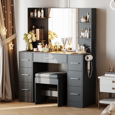 Vanity Desk with Mirror, Led Lights, Power Outlet and Stool, Makeup Vanity Table with 7 Drawers and 6 Storage Shelves