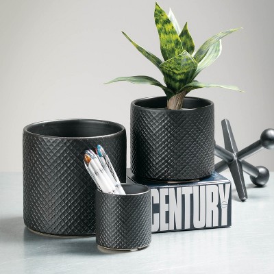 Sleek Modern Black Ceramic Pot Trio, 3"-5.75"H Patterned Exterior