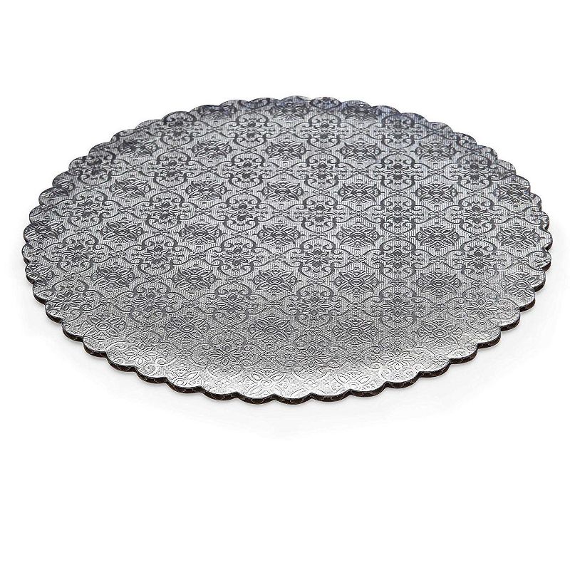 W PACKAGING WPSCC10 10" Silver Scalloped Edge Cake Circle, C-Flute, Corrugated with Coated Embossed Foil Paper, 2 of 3