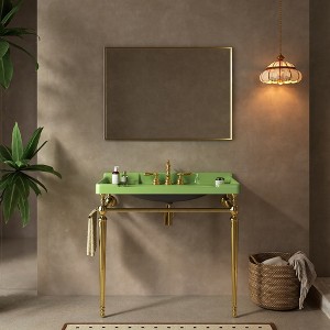 KIGFTSOD 36" Bathroom Console Sink, Wall-Mounted Green Ceramic Vanity Basin with 3 Pre-drilled Faucet Holes, No Faucet - 1 of 4