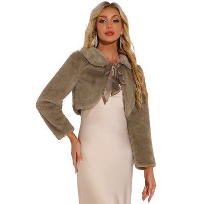 INSPIRE CHIC Women's Evening Bow Tie Front Turndown Collar Faux Fur Fluffy Cropped Coat