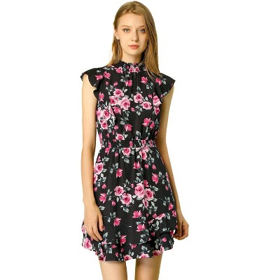 Allegra K Women's Ruffles Floral Printed Mock Neck Tiered Smocked Dress