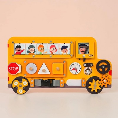 Huxxion Wooden Bus Busy Board For Travel, Sensory Board Educational Activities, Bus Toys, Learning Fine Motor Skill BB63