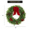 24 Inch Artificial Christmas Wreath, Large Green Cypress Wreath with Red Velvet Bow, Berry Clusters - 2 of 4