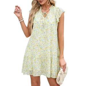 Women's Babydoll Mini Dress Summer V Neck Flutter Sleeve Boho Floral Flowy Shift Short Dress - 1 of 4