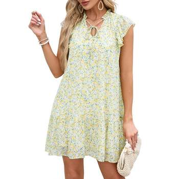 Women's Babydoll Mini Dress Summer V Neck Flutter Sleeve Boho Floral Flowy Shift Short Dress