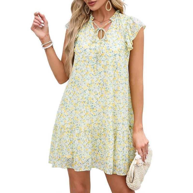 Women's Babydoll Mini Dress Summer V Neck Flutter Sleeve Boho Floral Flowy Shift Short Dress, 1 of 8