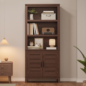 5 Tier Bookshelf with Doors, 71 Inch Tall Wood Farmhouse Bookcase, Space Saving Display Storage Cabinet Accent Cabinet for Living Room Bedroom - 1 of 4