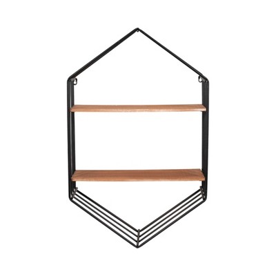 Sagebrook Home 20"L 8"W 32"H Black Iron and Brown Wooden Hexagon-shaped Wall Shelf for Your Living Room, Bathroom