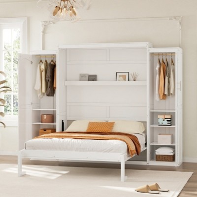 Full Size Murphy Wall Bed with Built-In Wardrobes, Space-Saving Foldable Wooden Platform Bedframe for Guest Room or Bedroom-The Pop Home