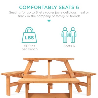 Natural Wood 6-Person Circular Picnic Table with Benches