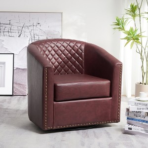 KINWELL 29" Wide Tufted PU Leather Swivel Barrel Chair - 1 of 4