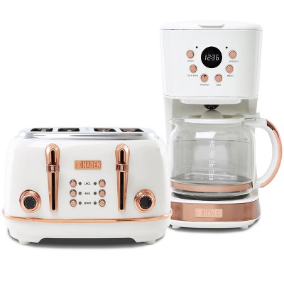 Haden Heritage 4 Slice Wide Slot Stainless Steel Toaster Bundled with 12 Cup Programmable Drip Coffee Maker Coffee Machine, Ivory & Copper