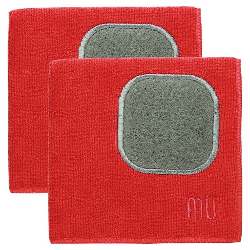 2pk Microfiber Dish Cloths with Scrubber Red - MU Kitchen