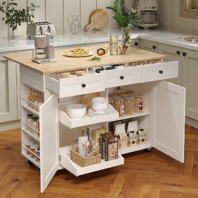 Kitchen Island with Drawers, Rolling Island Cart w/Power Outlet, Mobile Solid Wood Portable Islands on Wheels with Storage Cabinet & Drawers
