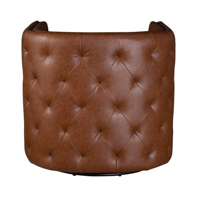 Brown Faux Leather Barrel Swivel Accent Chair with Wood Frame