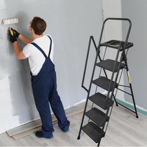 Gulches 5-step ladder, foldable step stool with tool tray and wide non slip pedals, sturdy steel ladder, lightweight portable steel step stool - 1 of 4