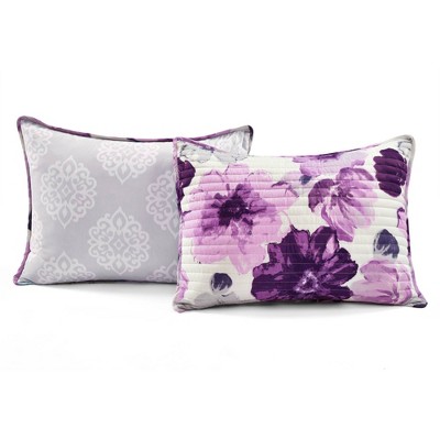 Full Gray and Purple Reversible Microfiber Floral Quilt Set