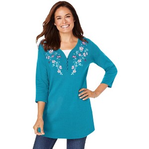 Woman Within Plus Size 7-Day Layered-Look Embroidered Henley Tunic - 1 of 4