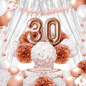 EpiqueOne Rose Gold 30th Birthday Decoration Set: HAPPY BIRTHDAY Banner, Tassel Garland, Balloons, Tissue Paper Pom - 1 of 4