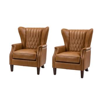 Set of 2 Valerius Genuine Leather Armchair with Nailhead Trims and Solid Wood Legs | HULALA HOME