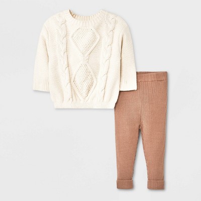 Image of Grayson Collective Baby Cable Knit Pullover Sweater & Leggings Set - Cream/Brown 6-9M