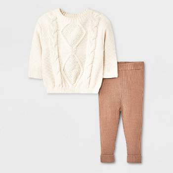 Grayson Collective Baby Cable Knit Pullover Sweater & Leggings Set - Cream/Brown