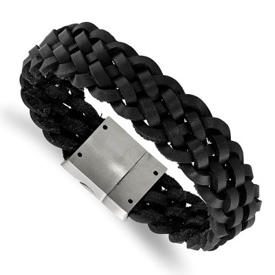 Black Bow Jewelry 15mm Stainless Steel Black or Brown Leather Braided Bracelet, 8.5 Inch