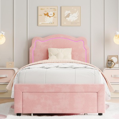 Twin Upholstered Smart LED Bed Frame with Adjustable Hills Headboard, PU Leather Platform Bed Frame for Kids