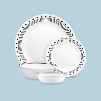 White Vitrelle Glass Dinnerware Set with Geometric Pattern, Service for 4