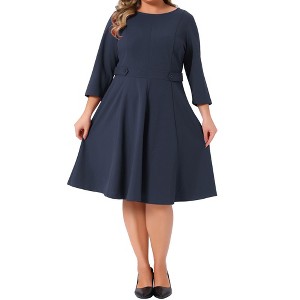 Women's Plus Size Crew Neck 3/4 Sleeve High Waist Button Decor Office Casual A Line Midi Dress with Zipper - Agnes Orinda 4X Navy Blue - 1 of 4