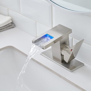 Gulches Bathroom Sink Faucet LED Light 3 Colors Changing Waterfall Glass Spout Hot Cold Water Mixer Single Handle One Hole Deck Mounted - 1 of 4
