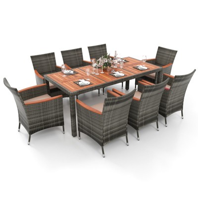 Tangkula 9PCS Patio Rattan Furniture Dining Set Acacia Wood Table Cushioned Chair for Outdoor