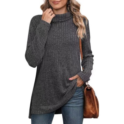 Womens Tunic Tops Turtleneck Long Sleeve Shirts Oversized Fall Sweaters Side Split High Low Hemline