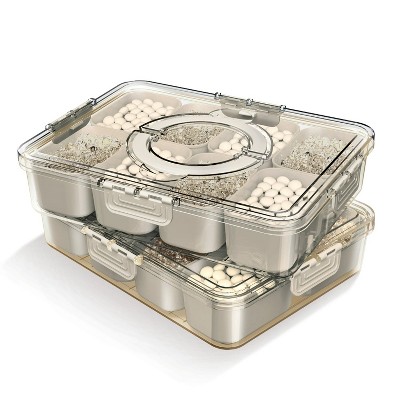 LunaLulinlk 8-compartment tray with lid, portable snack tray with handles and plates, cream, 2-Pack