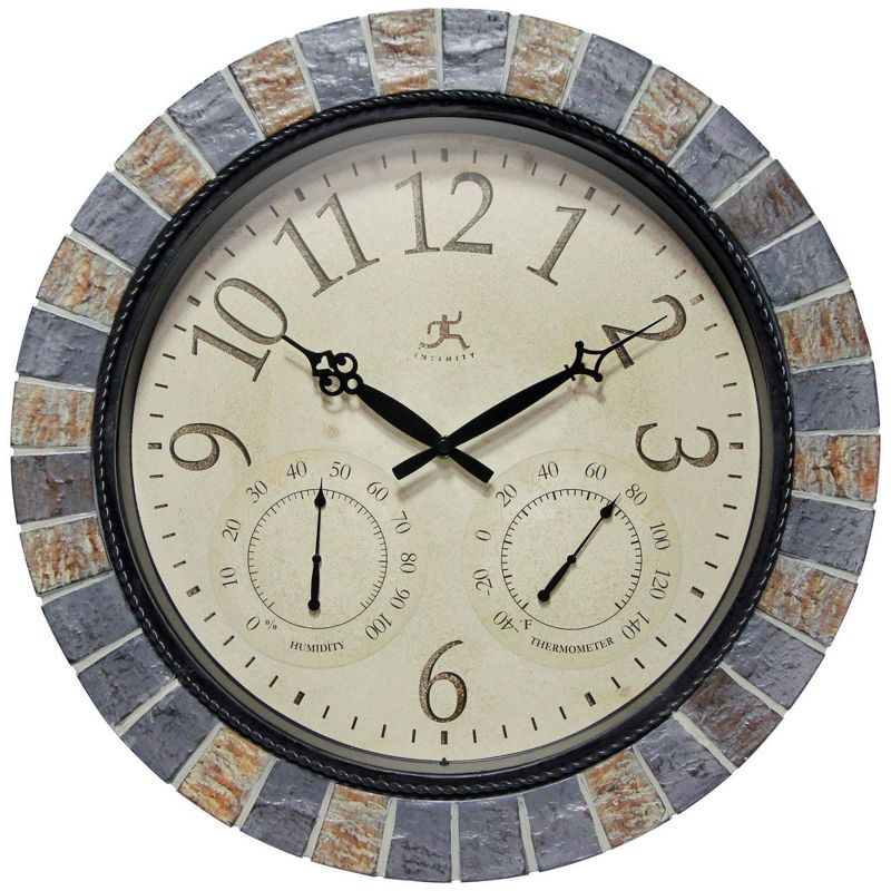18.5&#34; Inca II Faux Stone Outdoor Wall Clock Black - Infinity Instruments, 1 of 8