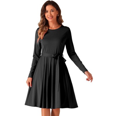 Allegra K Women's Long Sleeve A Line Ruffle Belted Business Casual Dress with Pockets