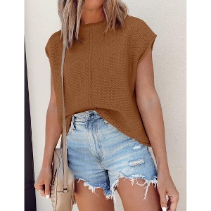 Womens Summer Cap Sleeve Tops Trendy Casual Crew Neck Knit Lightweight Sweater Pullover Top - 1 of 4