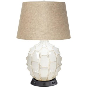 Possini Euro Design Cosgrove Modern Mid Century Table Lamp 26 1/2" High White Glazed Ceramic with USB Charging Port Brown Linen Drum Shade for Desk - 1 of 4